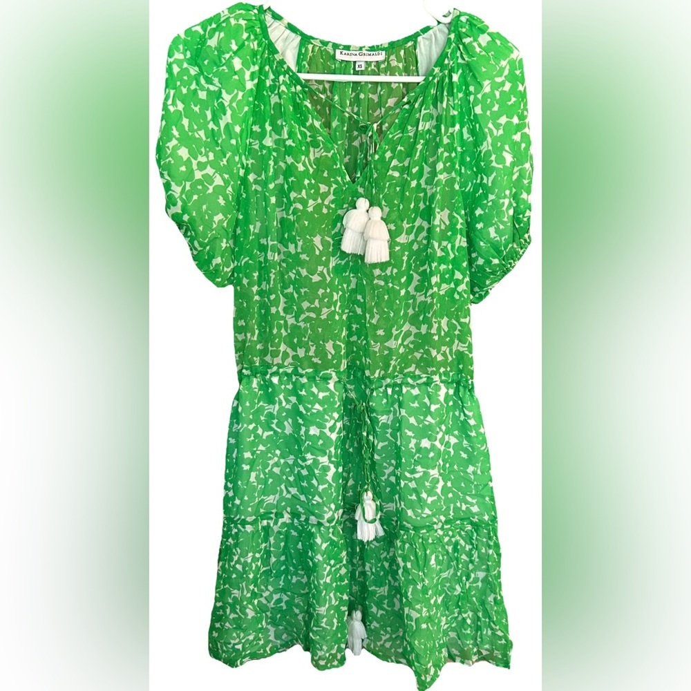 NWOT‎ Karina Grimaldi Silk Blend Tassel Mini Dress 🌿 Boho Resort Beach Chic - Picture 2 of 10